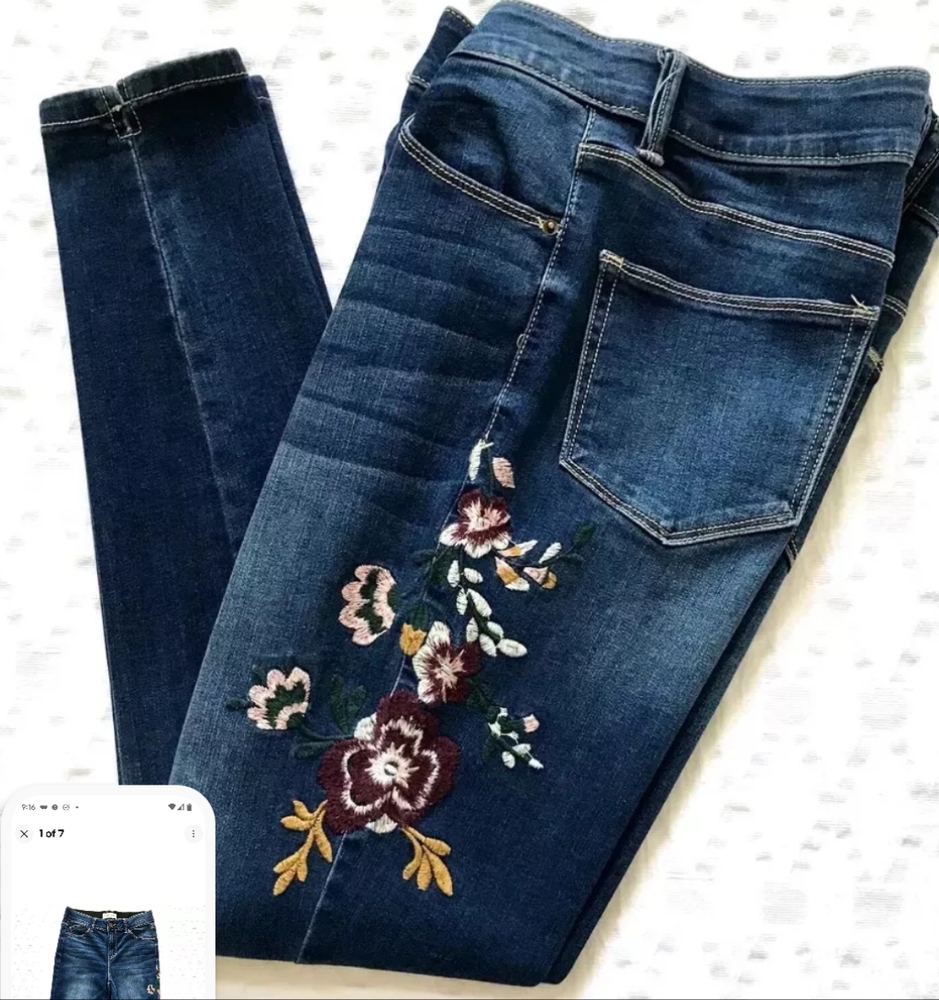 Women's Blue Jeans with Floral Embroidery - Picture 2 of 7